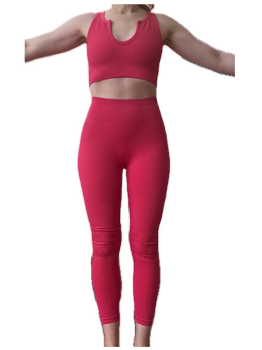 Women's Hot Pink Workout Set - Sports Cropped Bra Top, Full Length Leggings